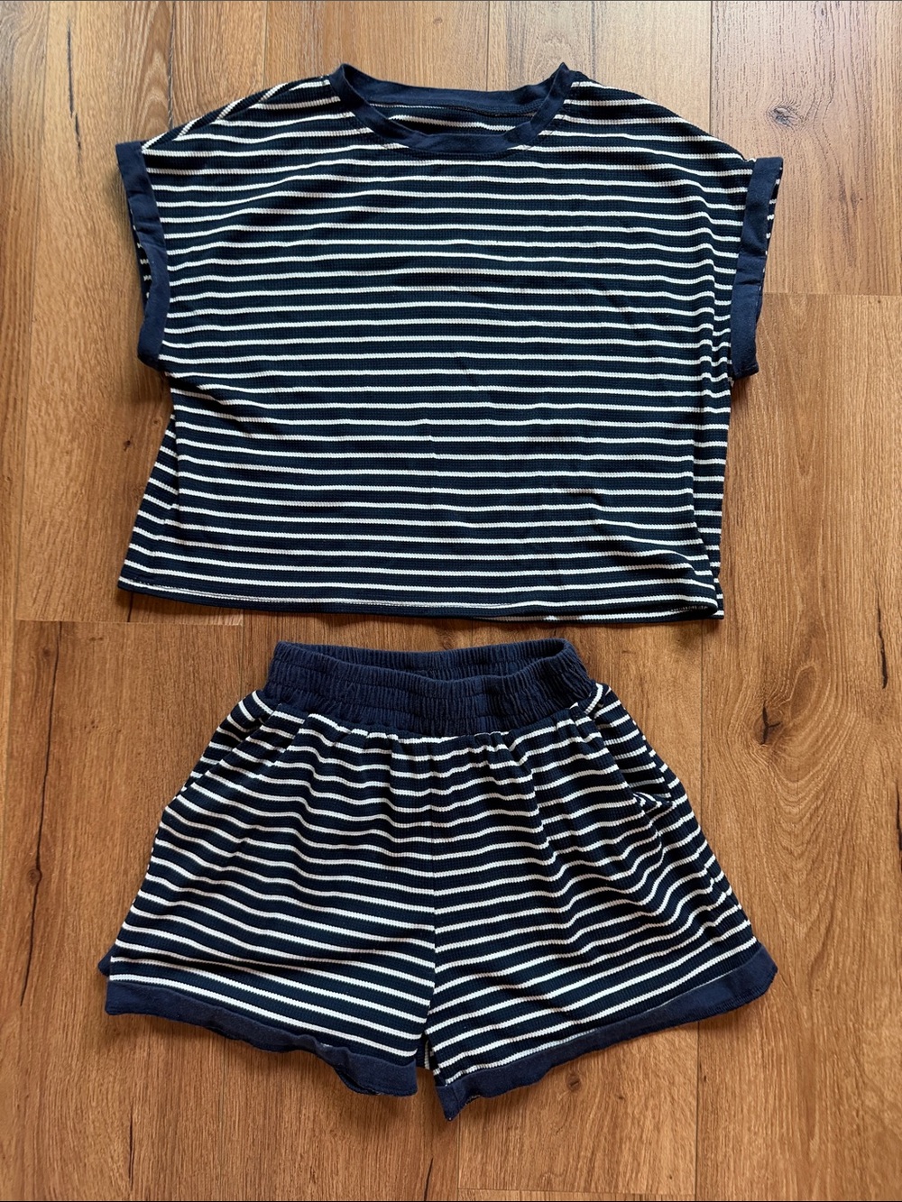 Women’s Navy and White Striped Short Set